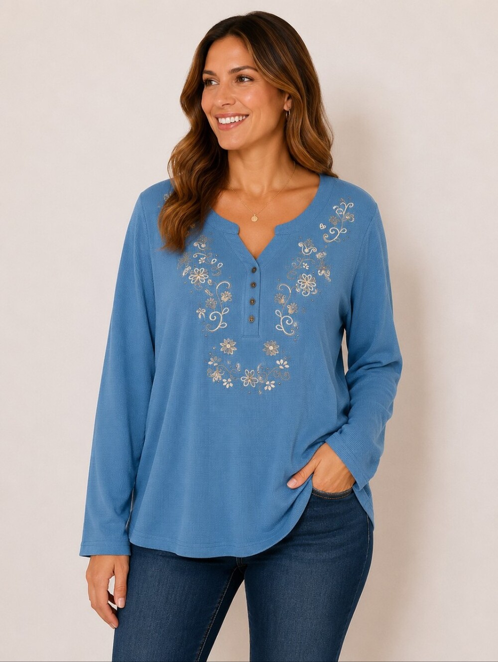 BLAIR Blue Split neck Waffle knit Floral Embroidered Top SIZE XL - Picture 1 of 9